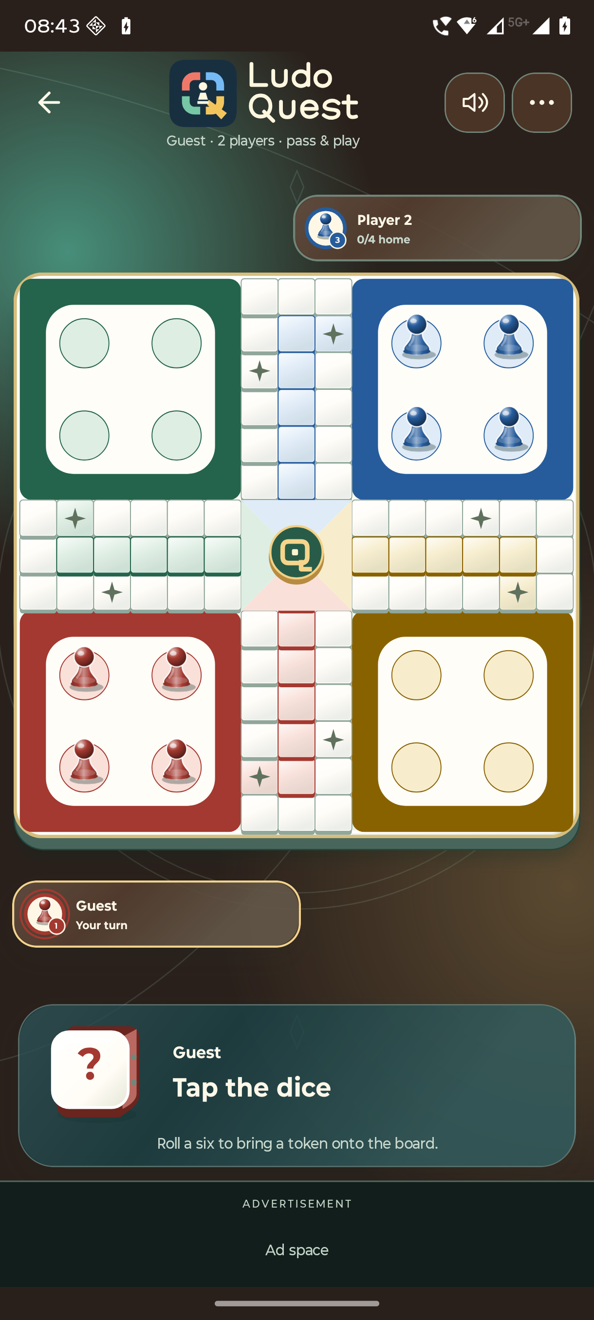 Ludo Quest: a four-colour Ludo board with raised pawns and a roll control