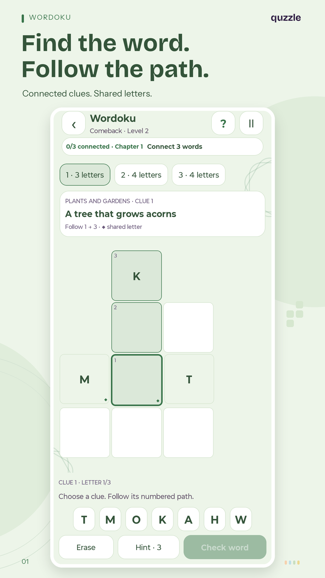 Quzzle Wordoku: connected word clues and a letter keyboard